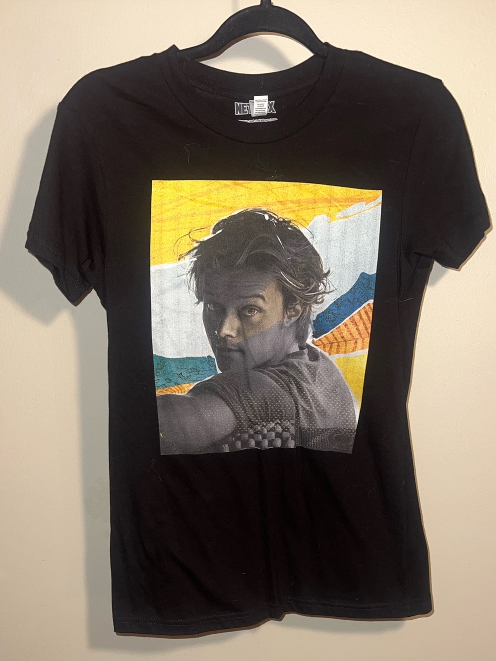 Black Graphic Tee with Retro Portrait Print - Men's Shirt